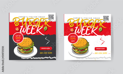 Healthy fast food menu or burger social media marketing banner post.