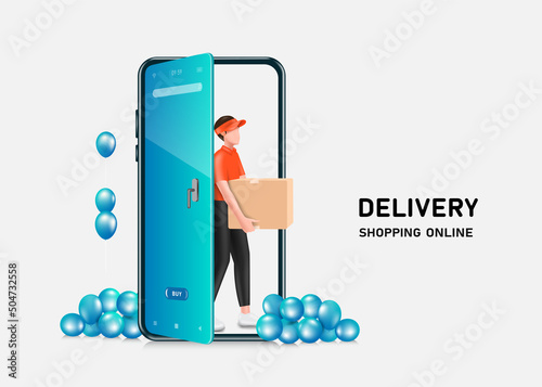 Male courier in an orange uniform holds parcel box and opens a smartphone door to deliver deliveries to customers homes,vector 3d isolated on white background for online shopping and delivery concept