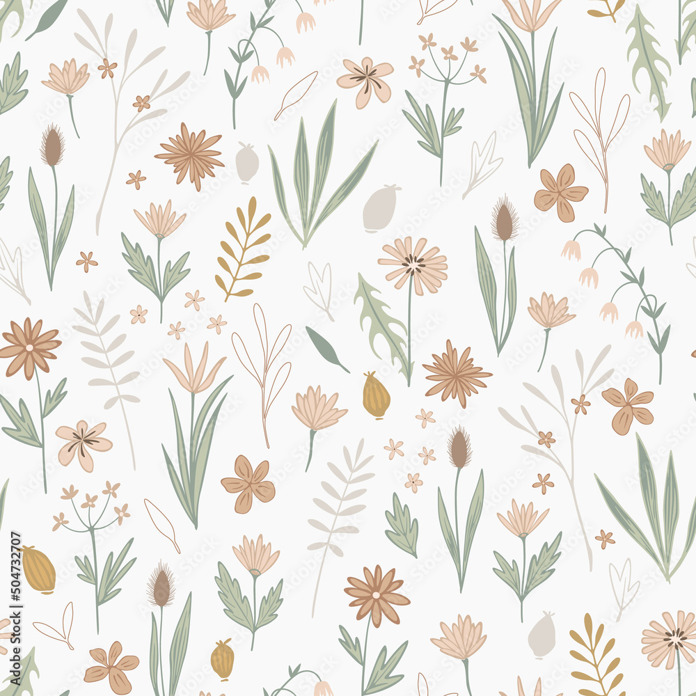 Infantile doodle floral seamless pattern in pale brown and green colors. Vector background for nursery or children's room.