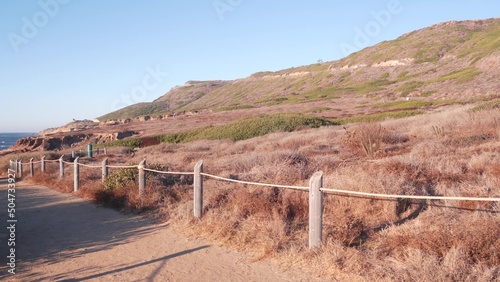Point Loma park, natural reserve for ecotourism, trekking and trails hiking, coastal California, USA. Environmental conservation, San Diego wilderness. Designated footpath to tidepools, eco tourism.