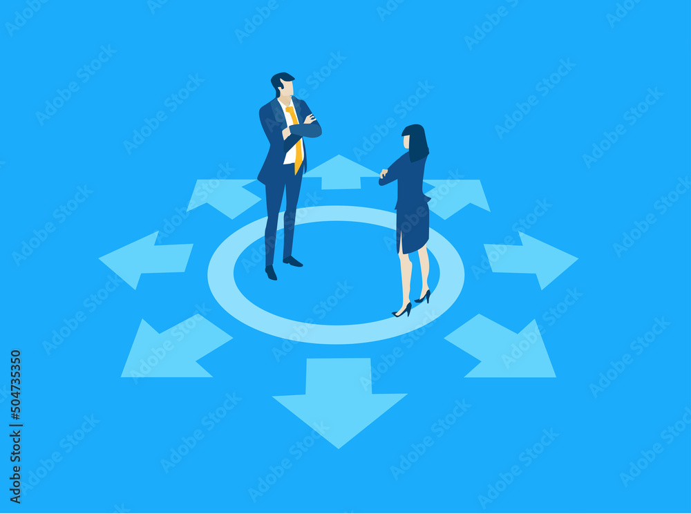 Business people negotiating a deal. Isometric working environment, infographic illustration. Business people negotiating a deal. Isometric working environment, infographic illustration.
