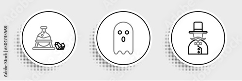 Set line Magician, Witch cauldron and magic stone and Ghost icon. Vector