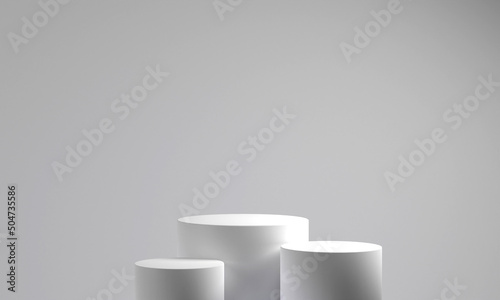 Blank podium for product . Mock up winner podium white two cylinders block, 3d render illustration, pedestal isolated on white background, abstract minimal concept