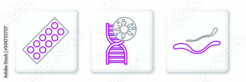 Set line Ebola virus disease, Pills in blister pack and DNA symbol and icon. Vector