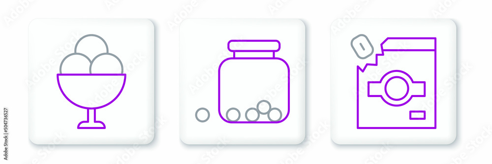 Set line Candy packaging for sweets, Ice cream bowl and Glass jar with candies inside icon. Vector Set line Candy packaging for sweets, Ice cream bowl and Glass jar with candies inside icon. Vector