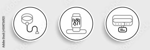 Set line Collar with name tag, Retractable cord leash and Cat scratching post icon. Vector