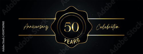 50 years anniversary celebration with gold number isolated on black background. Vector design for greeting card, birthday party, wedding, invitation card. 50 Years Anniversary Celebration Logotype