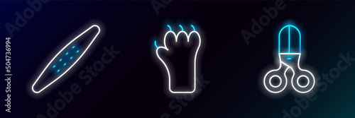 Set line Scissors hairdresser, Nail file pet and Paw print icon. Glowing neon. Vector