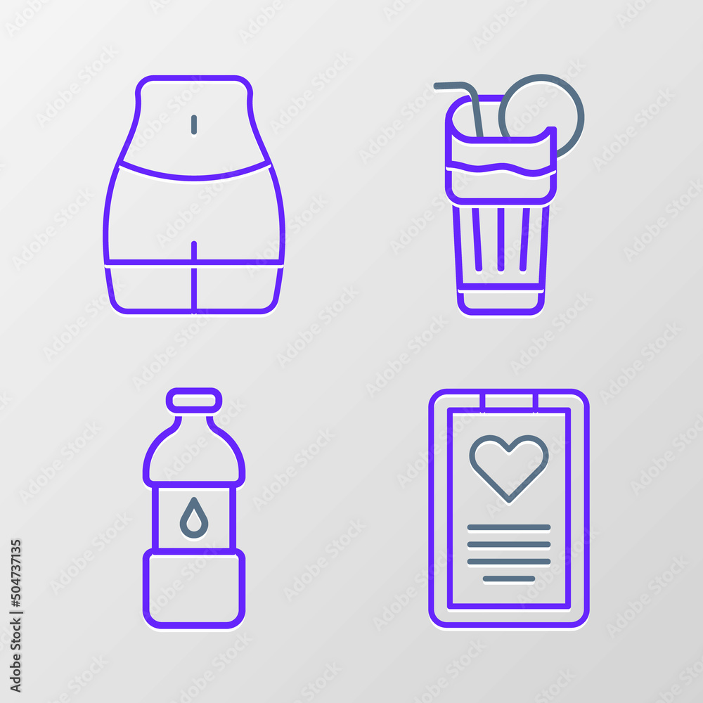 Set line Medical clipboard, Bottle of water, Fresh smoothie and Women waist icon. Vector Set line Medical clipboard, Bottle of water, Fresh smoothie and Women waist icon. Vector