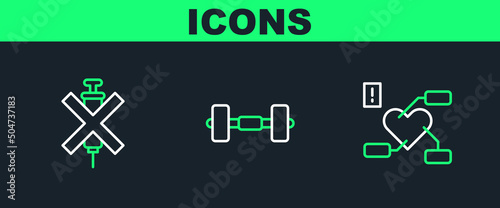 Set line Attention to health heart, No doping syringe and Dumbbell icon. Vector