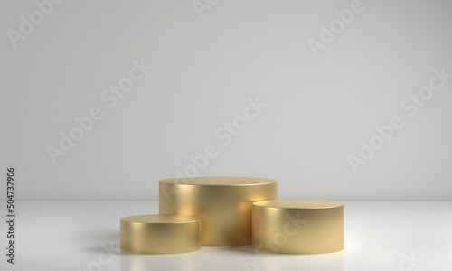 Luxury gold blank podium for product . Mock up winner podium three cylinders block, 3d render illustration, pedestal isolated on white background, abstract minimal concept