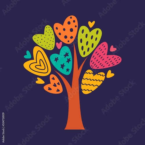 Vector illustration of a tree and leaves in the form of hearts