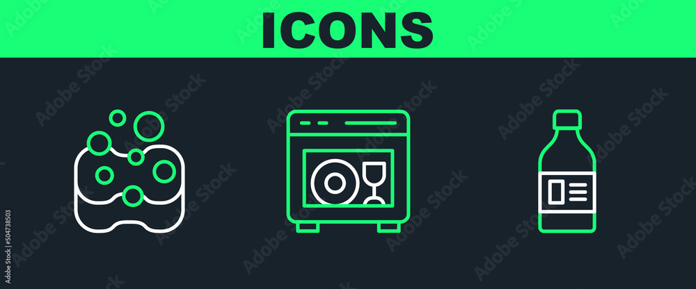 Set line Bottle for cleaning agent, Sponge and Dishwasher machine icon. Vector Set line Bottle for cleaning agent, Sponge and Dishwasher machine icon. Vector