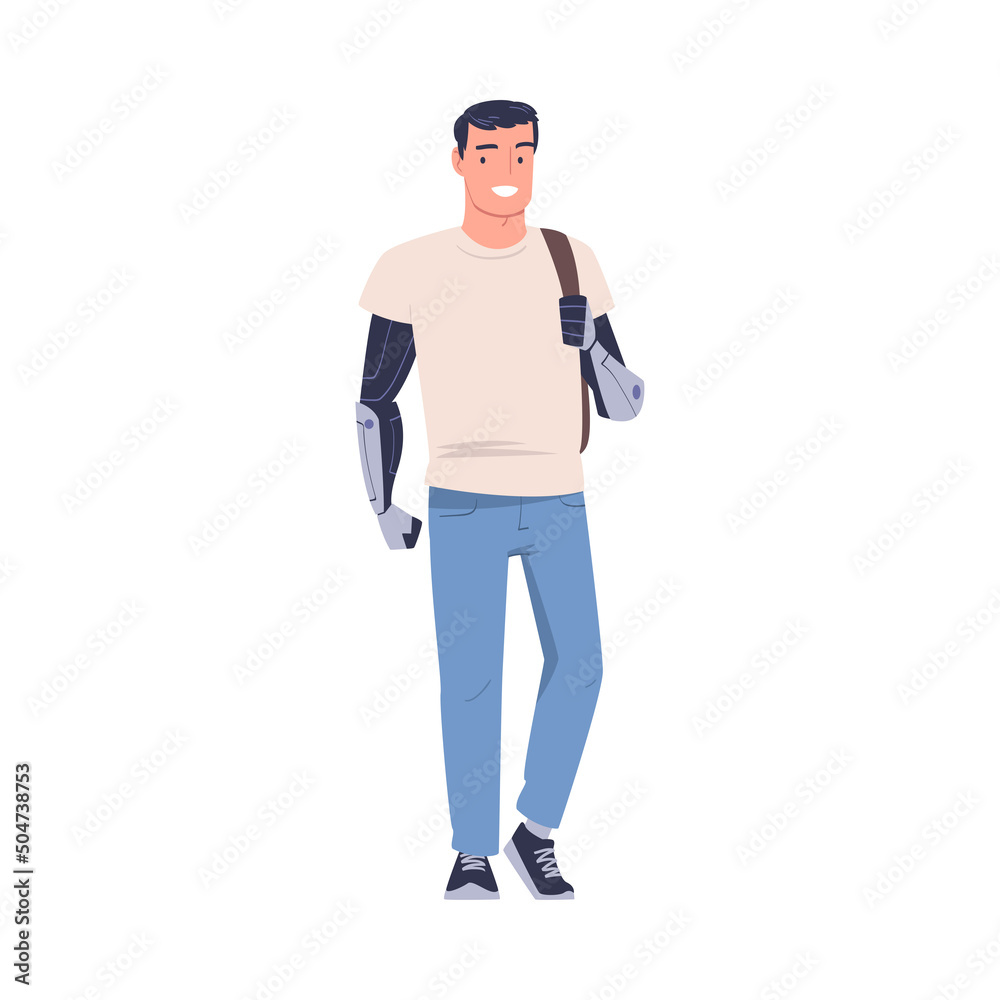 Happy Man Character with Replaced Robotic Arms as Body Part Prosthesis Restoring Normal Functioning Vector Illustration Happy Man Character with Replaced Robotic Arms as Body Part Prosthesis Restoring Normal Functioning Vector Illustration