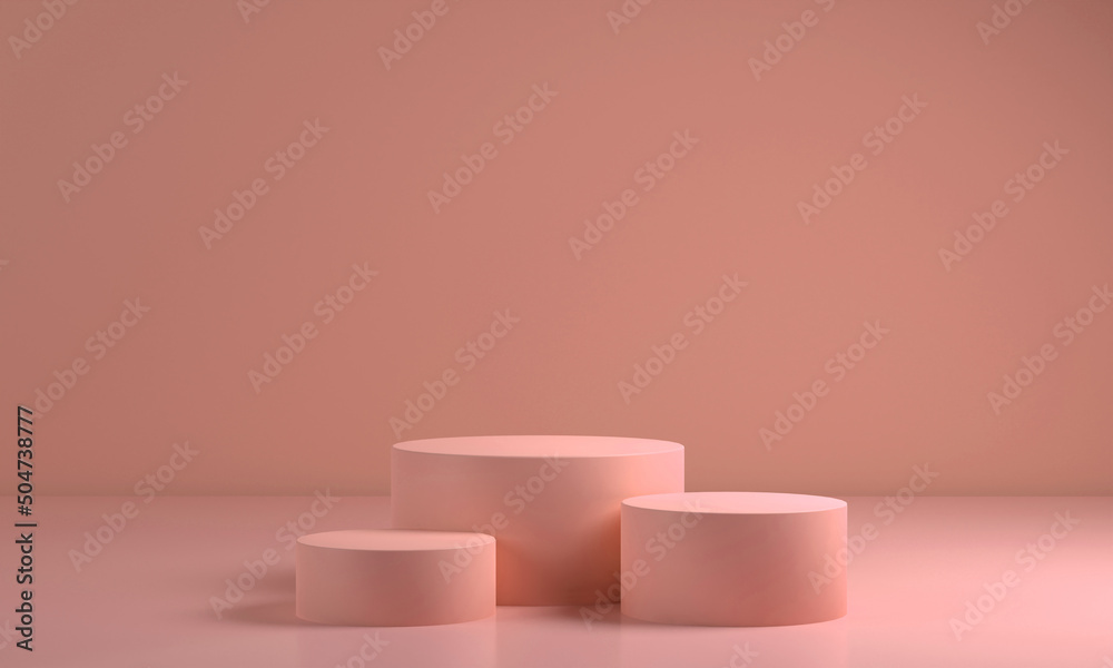 Blank podium for product . Mock up winner podium three cylinders block, 3d render illustration, pedestal isolated on coral orange background, abstract minimal concept Blank podium for product . Mock up winner podium three cylinders block, 3d render illustration, pedestal isolated on coral orange background, abstract minimal concept