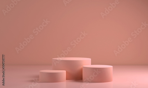 Blank podium for product . Mock up winner podium three cylinders block, 3d render illustration, pedestal isolated on coral orange background, abstract minimal concept © Вячеслав Герц