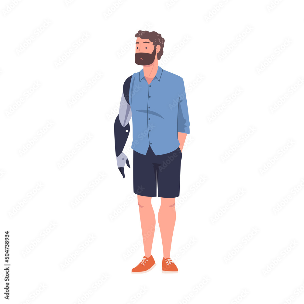 Bearded Man Character with Replaced Robotic Arms as Body Part Prosthesis Restoring Normal Functioning Vector Illustration