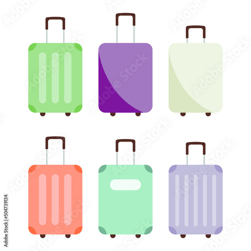 Touristic baggage set isolated on white background. Baggage claim at terminal airport. Luggage, suitcase set. Time to travel. Journey, vacation, holiday.