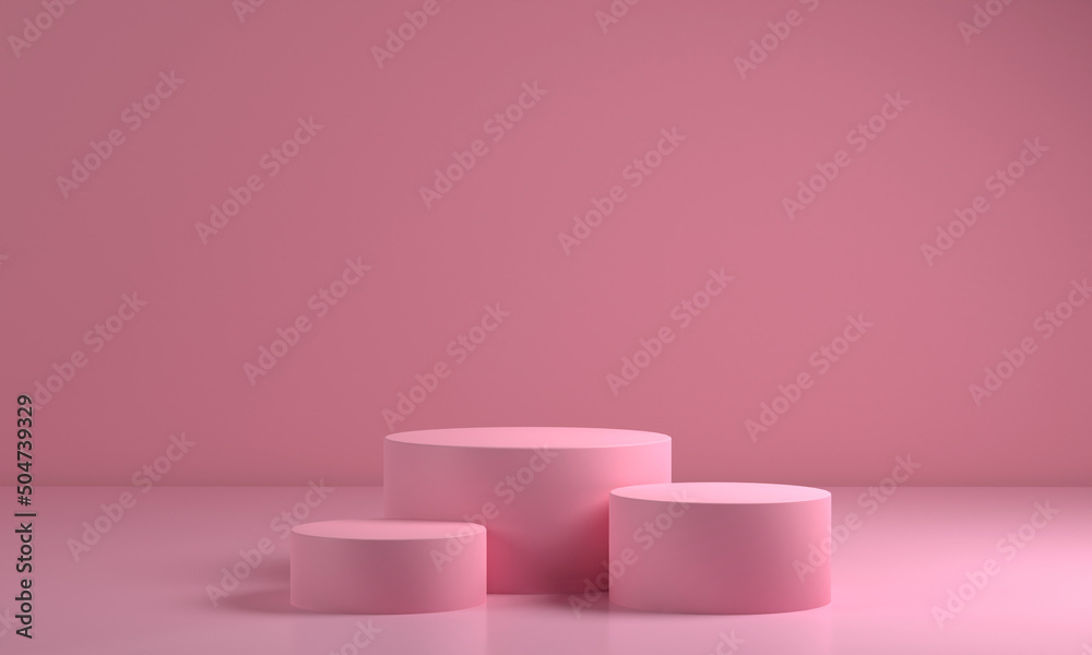 Blank podium for product . Mock up winner podium three cylinder block, 3d render illustration, pedestal isolated on pink background, abstract minimal concept Blank podium for product . Mock up winner podium three cylinder block, 3d render illustration, pedestal isolated on pink background, abstract minimal concept