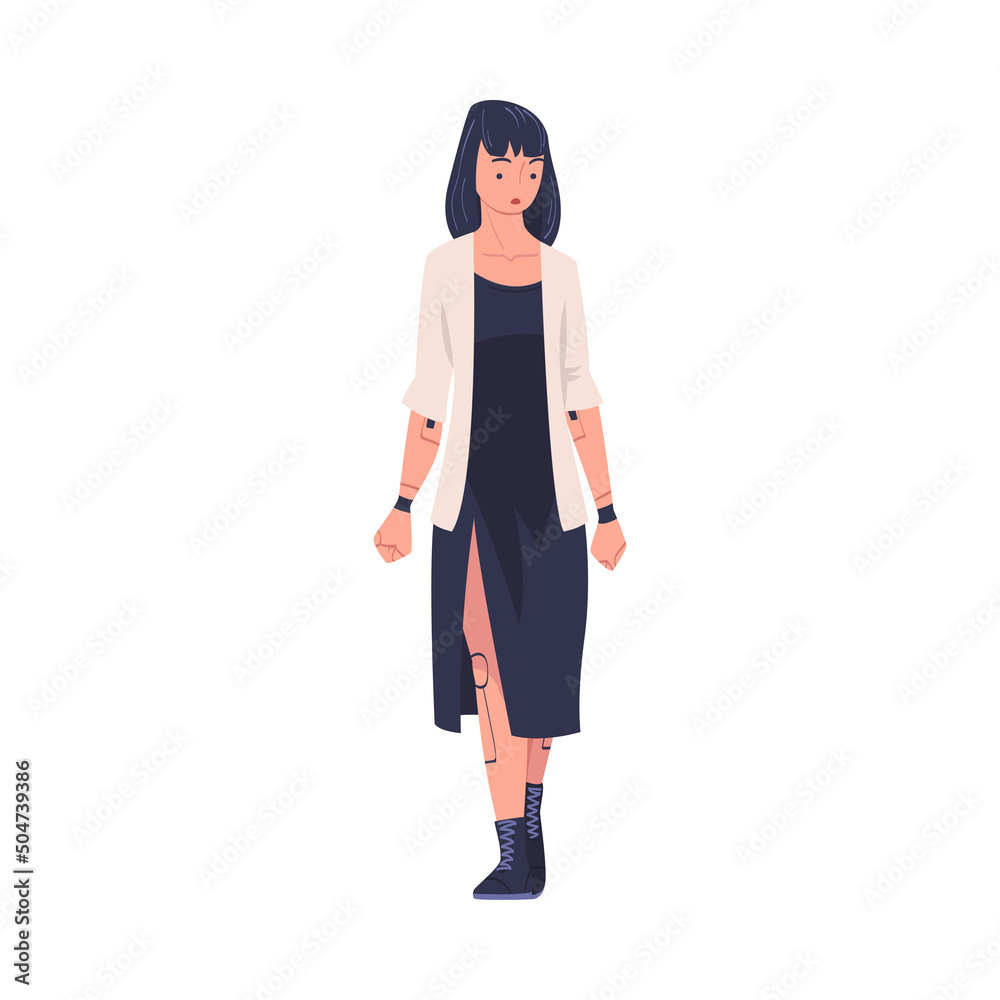 Woman Character Walking with Robotic Arm and Legs as Body Part or Limb Prosthesis Restoring Normal Functioning Vector Illustration