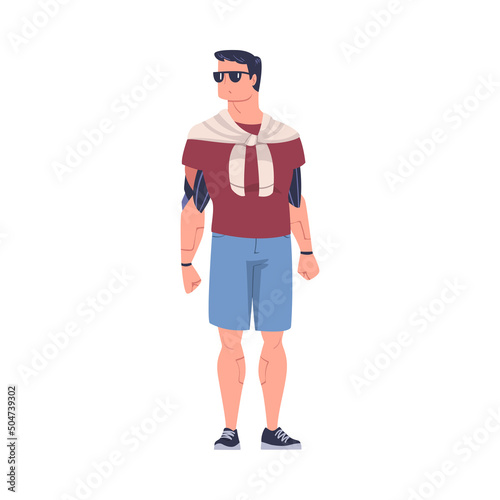 Man Character in Sunglasses with Replaced Robotic Limbs as Body Part Prosthesis Restoring Normal Functioning Vector Illustration