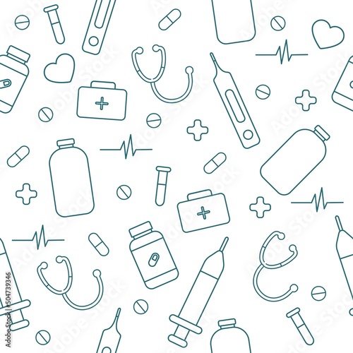 Vector Doodle Seamless Pattern of Medicine Elements.Ornament of Hand Drawn Medical Drugs.Line,Outline Pharmacy Icons.Sketch Pills,Aid for Textile,fabric,print,wallpaper,wrapping paper.