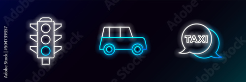 Set line Taxi call telephone service, Traffic light and Car icon. Glowing neon. Vector