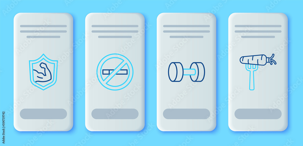 Set line No Smoking, Dumbbell, Bodybuilder muscle and Carrot on fork icon. Vector Set line No Smoking, Dumbbell, Bodybuilder muscle and Carrot on fork icon. Vector