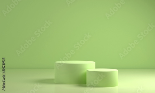 Blank podium for product . Mock up winner podium two cylinders block, 3d render illustration, pedestal isolated on pea green pistachio lime background, abstract minimal concept