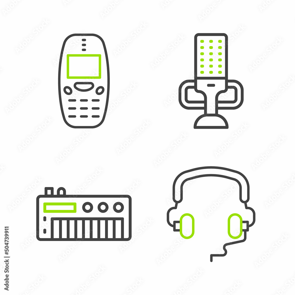 Set line Headphones, Music synthesizer, Microphone and Old mobile icon. Vector