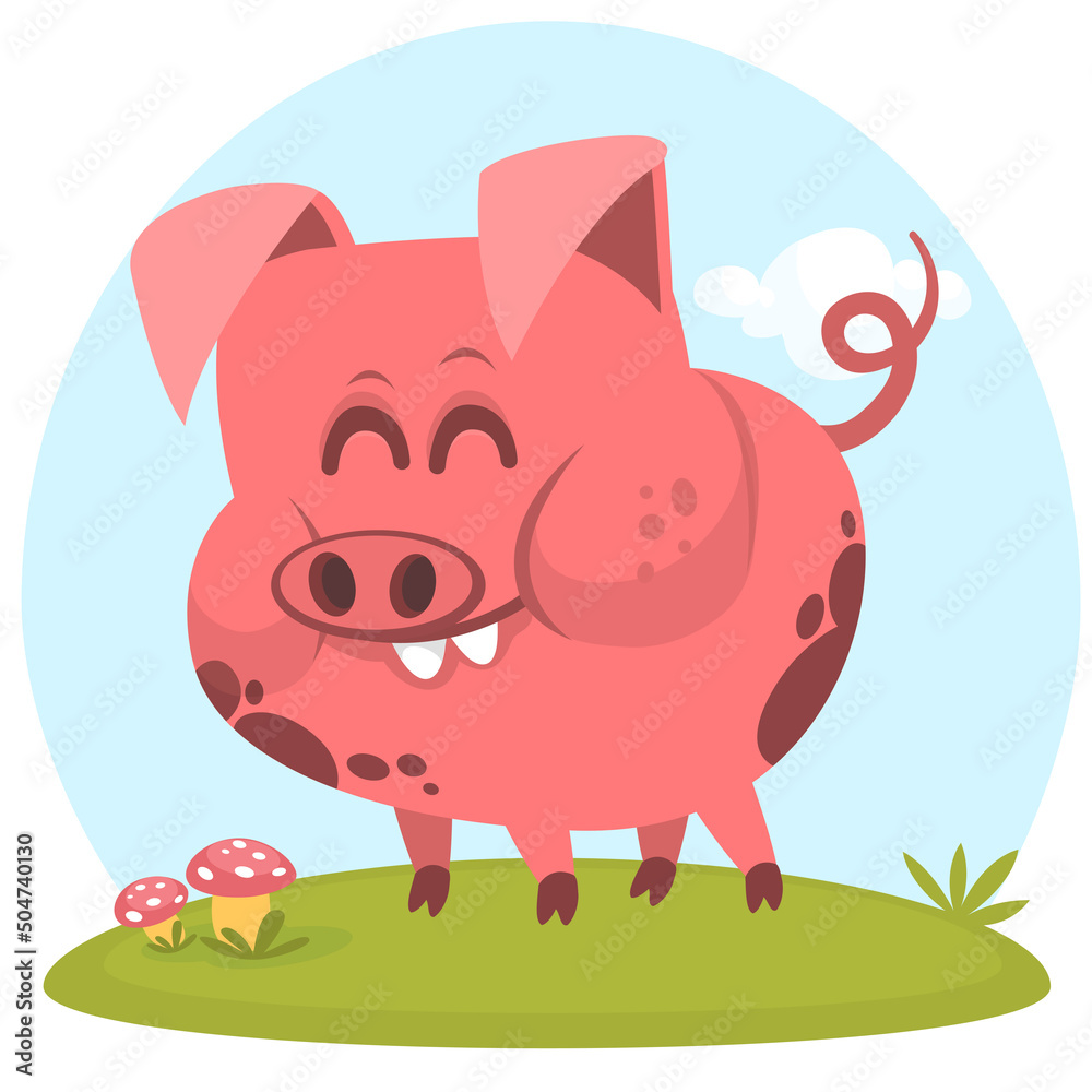 Happy cartoon pig presenting. Farm animals. Illustration of a smiling piggy isolated on white Happy cartoon pig presenting. Farm animals. Illustration of a smiling piggy isolated on white