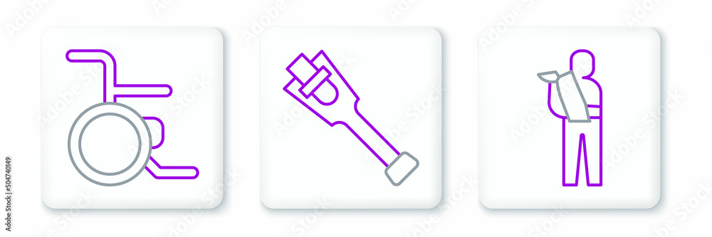 Set line Human broken arm, Wheelchair and Prosthesis leg icon. Vector Set line Human broken arm, Wheelchair and Prosthesis leg icon. Vector