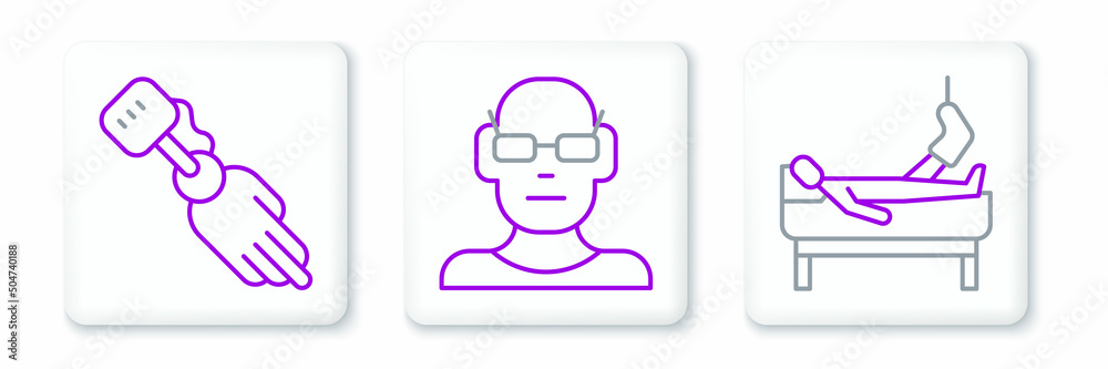 Set line Patient with broken leg, Prosthesis hand and Poor eyesight icon. Vector Set line Patient with broken leg, Prosthesis hand and Poor eyesight icon. Vector