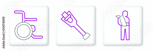 Set line Human broken arm, Wheelchair and Prosthesis leg icon. Vector