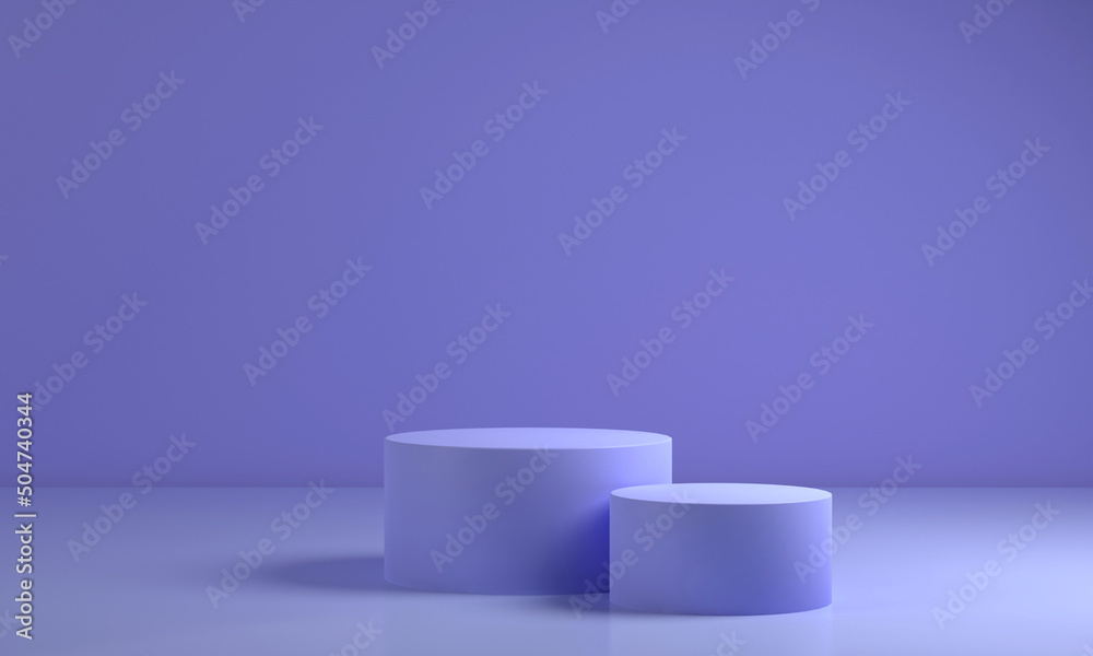 Blank podium for product . Mock up winner podium two cylinders block, 3d render illustration, pedestal isolated on lavender blue background, abstract minimal concept