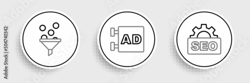 Set line SEO optimization, Lead management and Advertising icon. Vector