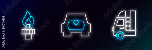 Set line Gas tank for vehicle, Oil rig with fire and icon. Glowing neon. Vector