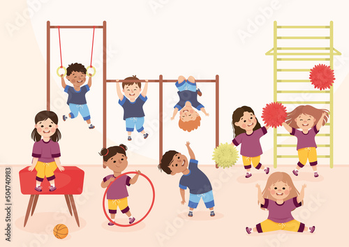 Children Engaged in Physical Education Doing Various Sports During Class at School Vector Illustration