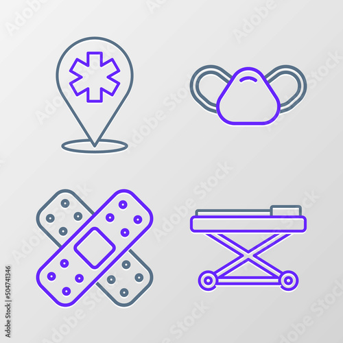Set line Stretcher, Crossed bandage plaster, Medical protective mask and Location hospital icon. Vector