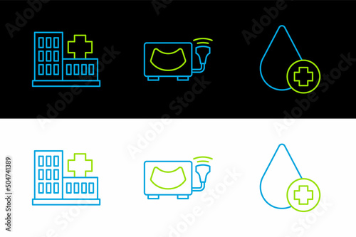 Set line Donate drop blood, Hospital building and Ultrasound icon. Vector