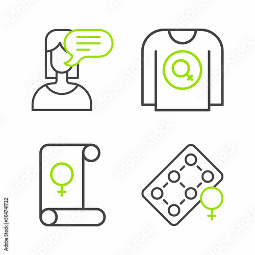 Set line Packaging of birth control pills, Feminism, Feminist shirt and Female opinion icon. Vector