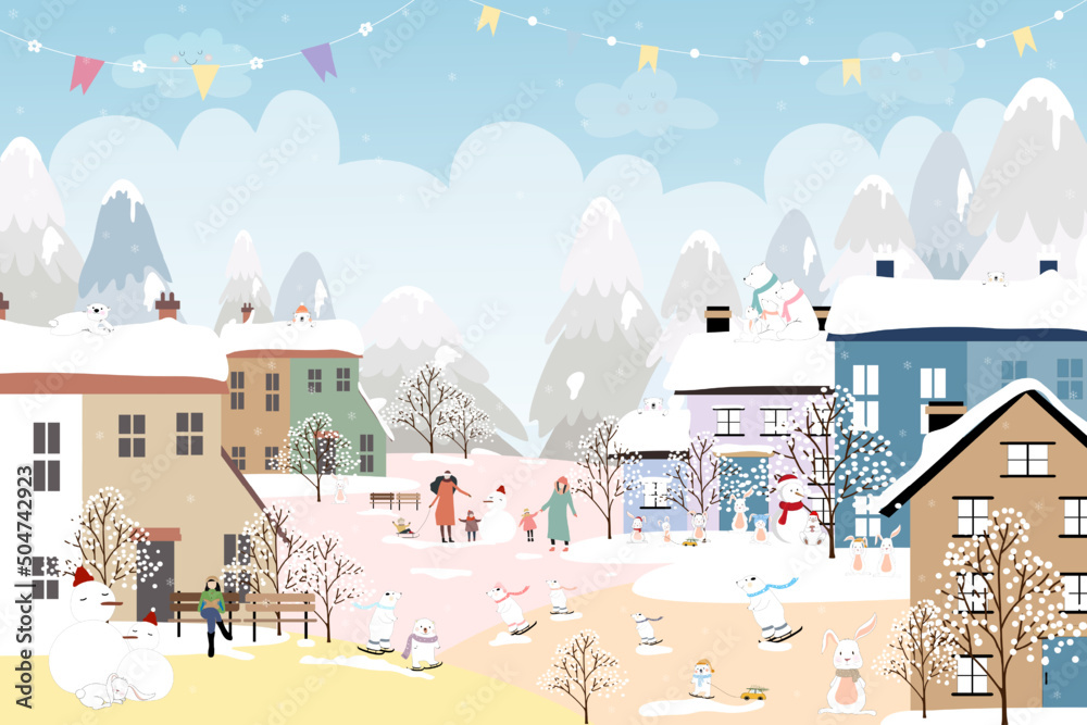 Winter landscape with happy people, polar bear and rabbit playing ice skate in City park,Vector banner Winter wonderland bunny, bear celebrating in forest,Merry Christmas and New year 2023 background