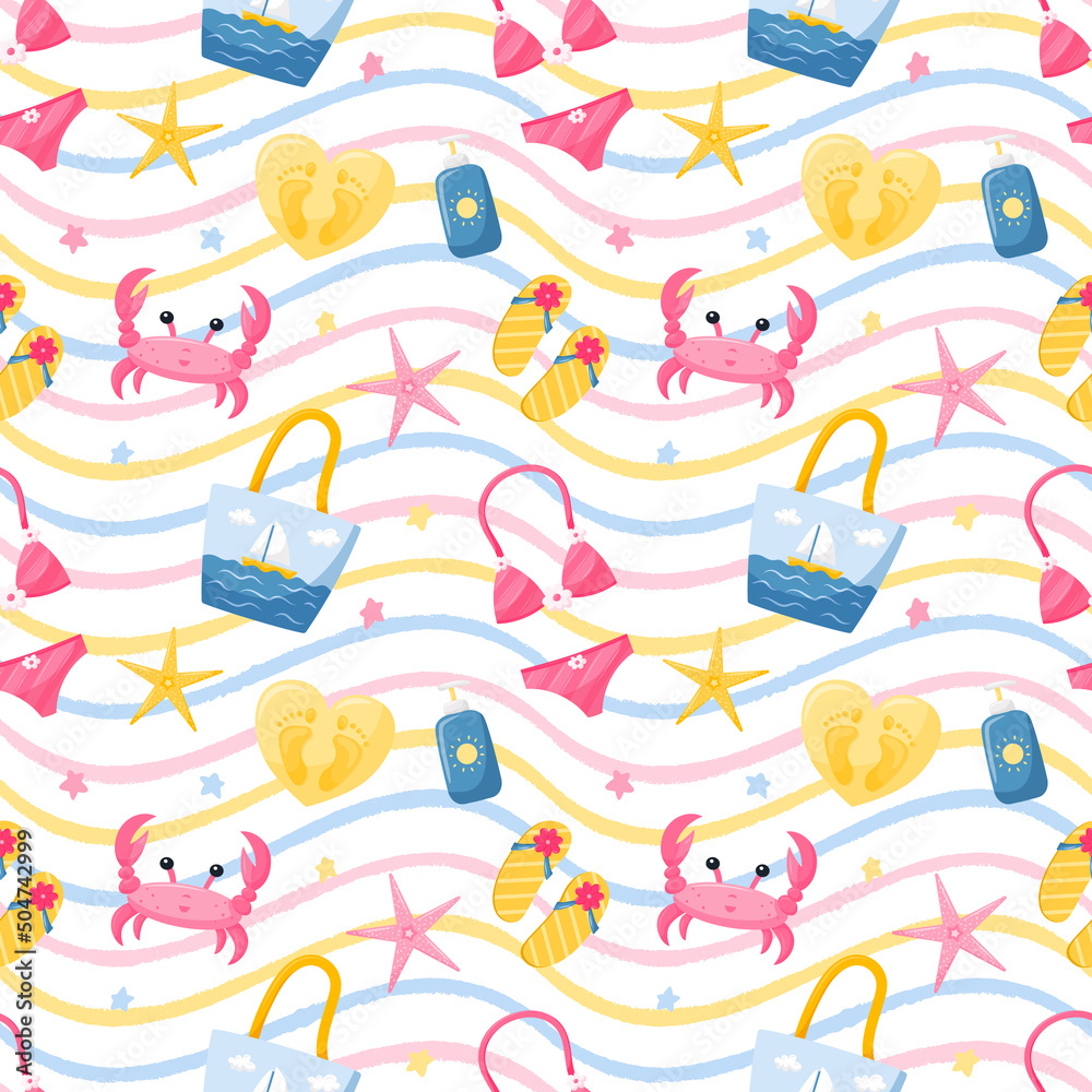 Summer seamless pattern with crab, beach accessories, bag, swimsuit and sunscreen, flip-flops. Bright vector illustrations in a flat cartoon style on a white background with colored texture waves. Summer seamless pattern with crab, beach accessories, bag, swimsuit and sunscreen, flip-flops. Bright vector illustrations in a flat cartoon style on a white background with colored texture waves.
