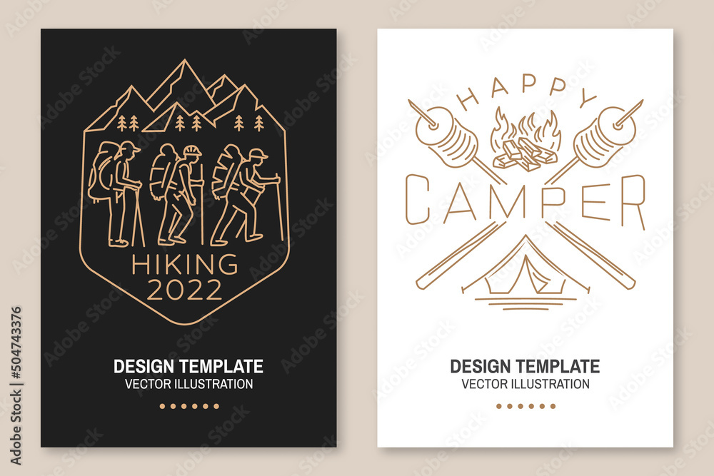 Happy camper. Happiness is toasted marshmallows. Hiking, mountain expedition badge. Vector. Set of Line art flyer, brochure, banner, poster with mountaineers and mountain silhouette.