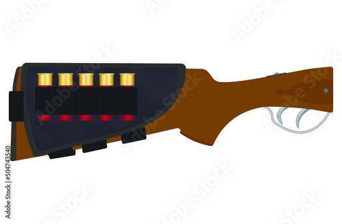 wooden butt of a gun with a black bandolier and five parons in it