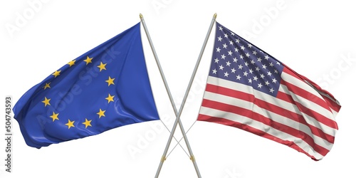 Flags of the USA and the European Union EU on light background. 3D rendering
