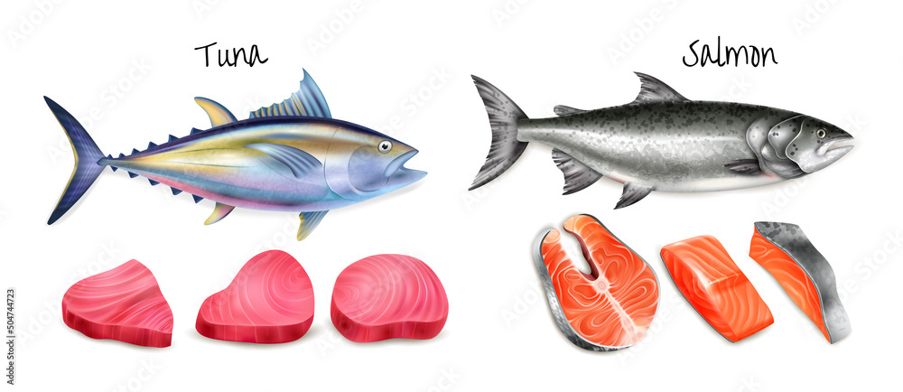 Realistic Tuna Salmon Steak Icon Set - obrazy, fototapety, plakaty 