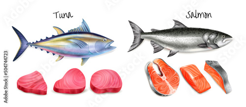 Realistic Tuna Salmon Steak Icon Set