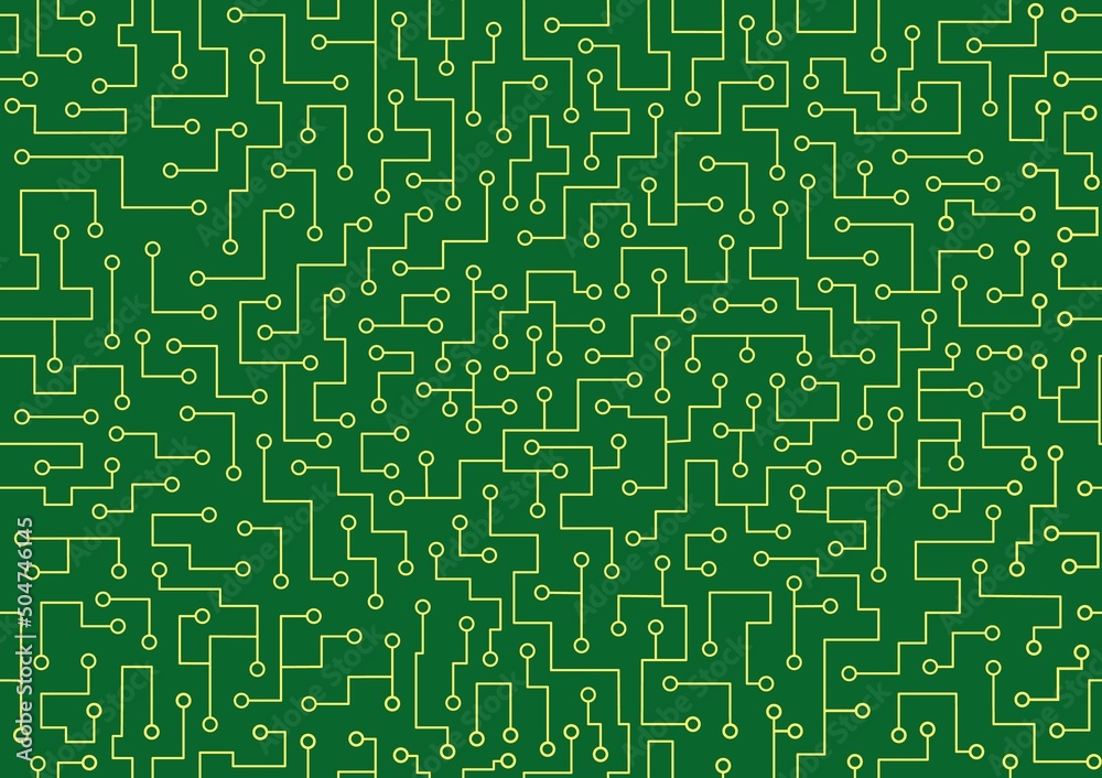 Seamless pattern green printed circuit board with yellow contacts on a gradient background. Schematic representation of electrical contacts and conductors