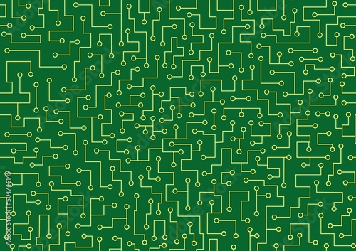 Seamless pattern green printed circuit board with yellow contacts on a gradient background. Schematic representation of electrical contacts and conductors